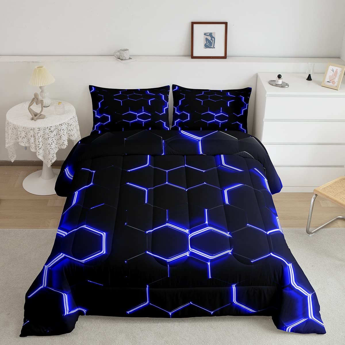 Blue and Black Print Comforter Set Hexagonal Bedding Set Kids Boys Teens Honeycomb Decor Comforter Beehive Simplistic Geometric Quilt Set Bedroom Collection 3Pcs Queen Size