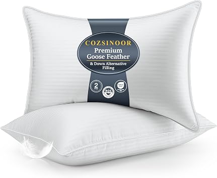 COZSINOOR Goose Feather Pillows Queen Size - Pack of 2, Hotel Down Bed Pillow for Sleeping, Soft 600 TC Cotton Cover, Fluffy Support Surround Fill Dual-Sided Design Different Firmness on Each Side