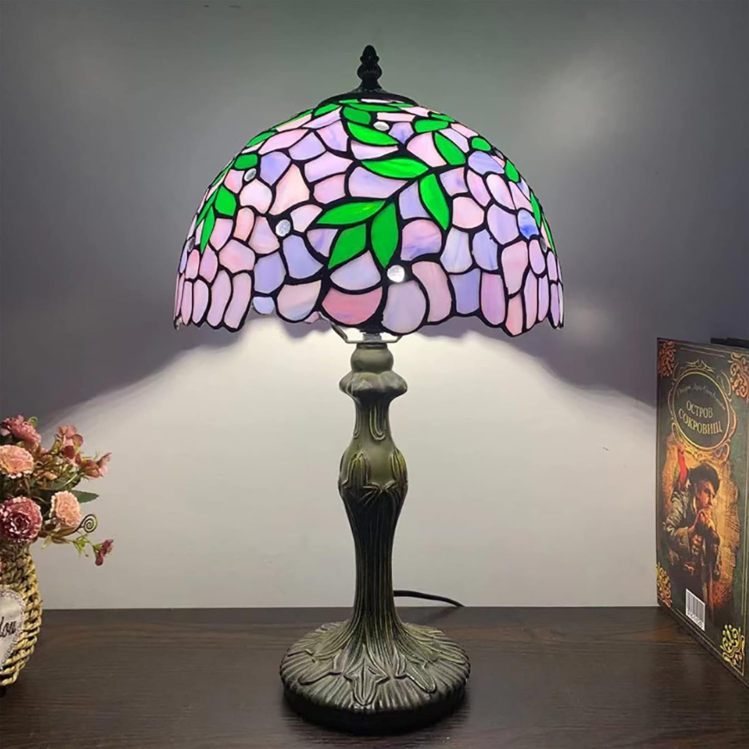 Tiffany Style Stained Glass Green Leaves Table Lamp Vintage Blue Wisteria Flower Desk Lamp Bedroom Bedside Decoration Lamp, Study Room Reading Lamp, 12 Inch,Purple