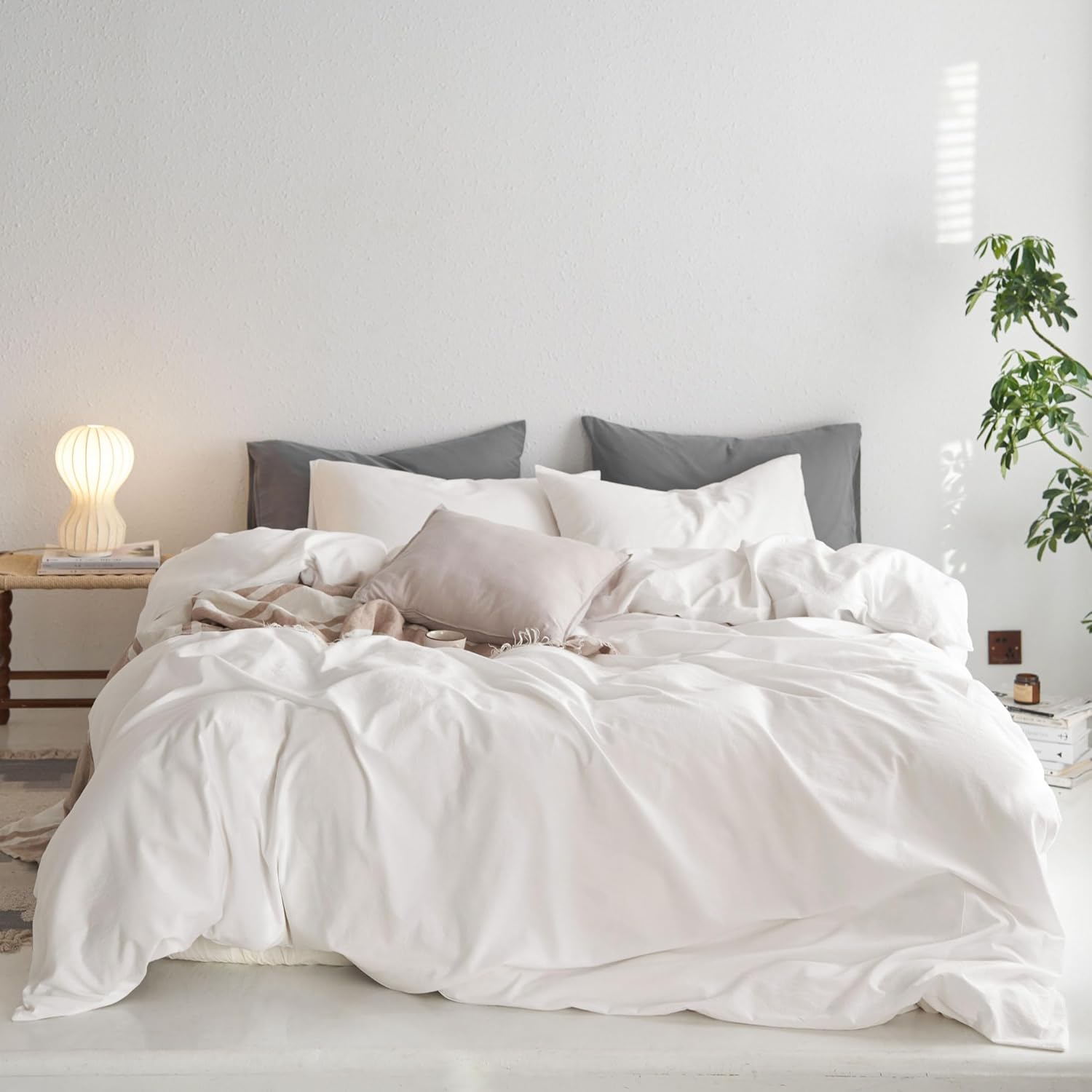 MooMee King Duvet Cover Set, 100% Washed Cotton Linen Like Twill Thick Sturdy Material Super Soft Breathable Durable Bedding for All Season, 3 Pieces (Off White, King 104"x90")