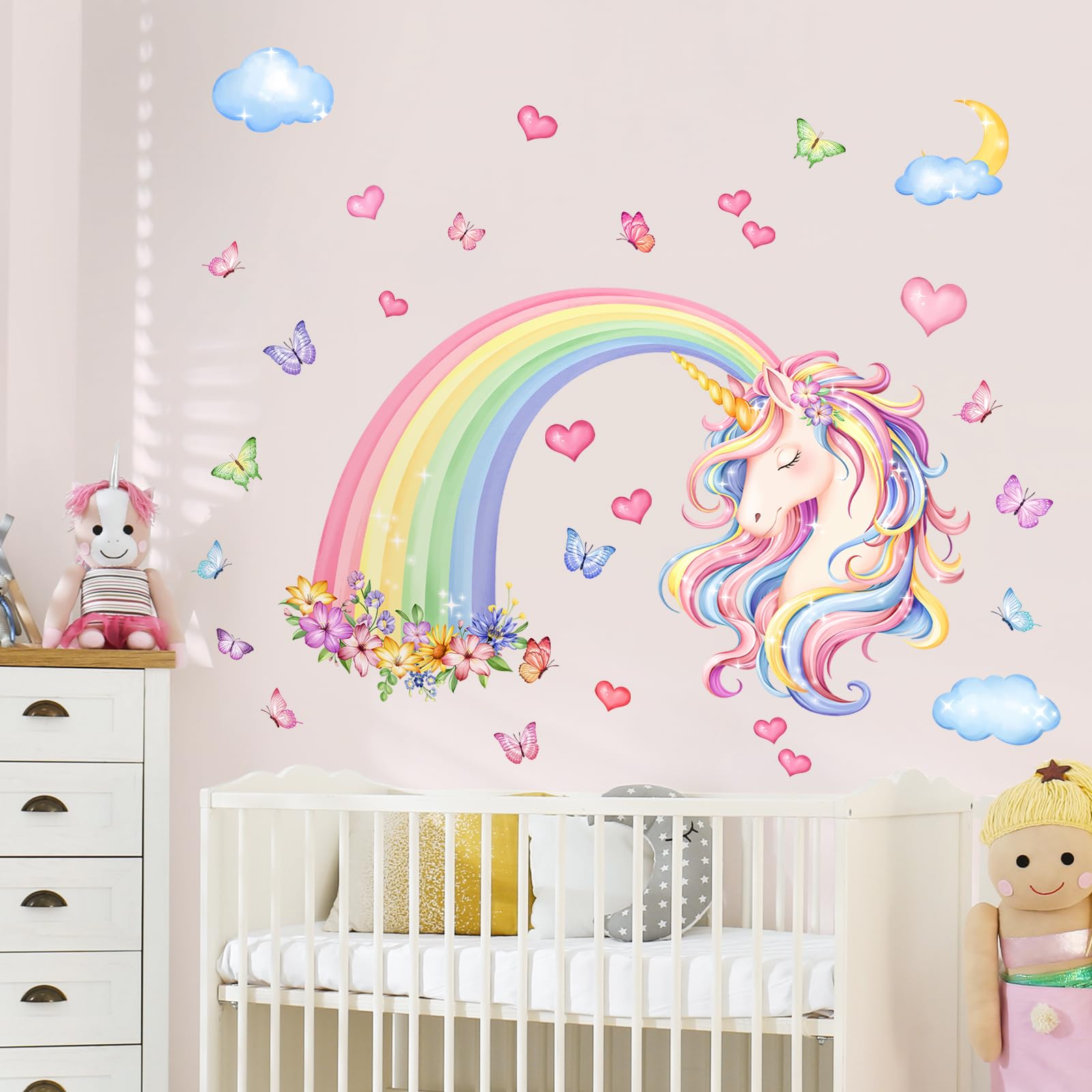 Supzone Large Rainbow Wall Stickers Unicorn Rainbow Butterfly Hearts Wall Art Decals for Girls Nursery Kids Bedroom Living Room Classroom - Image 4
