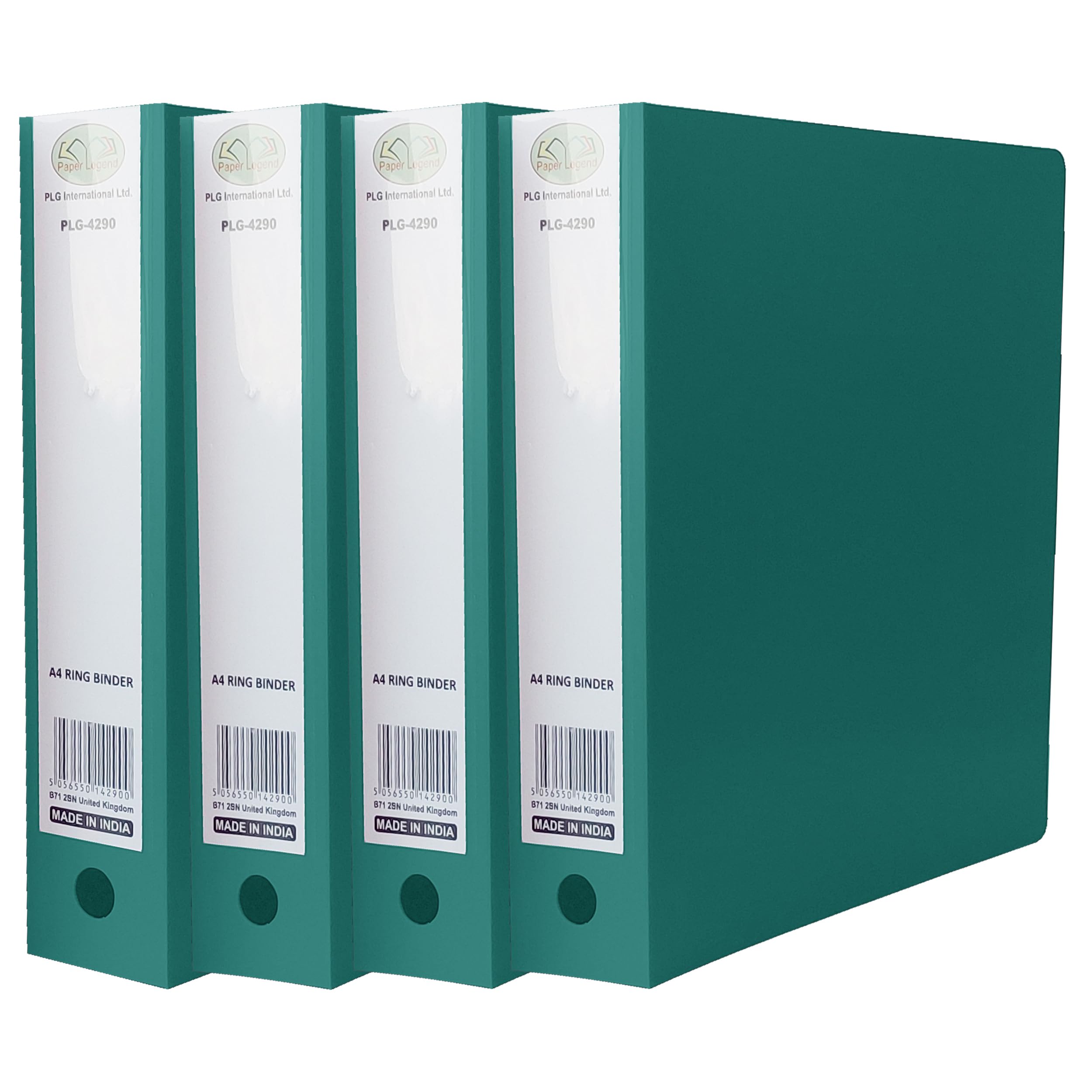 (Pack of 4) A4 Ring Binder File Folder Large Capacity Holds Up to 500 Sheets 65mm Spine with Finger Pull 2 O-Ring Premium Binder File for Business Document Organisation (Green)