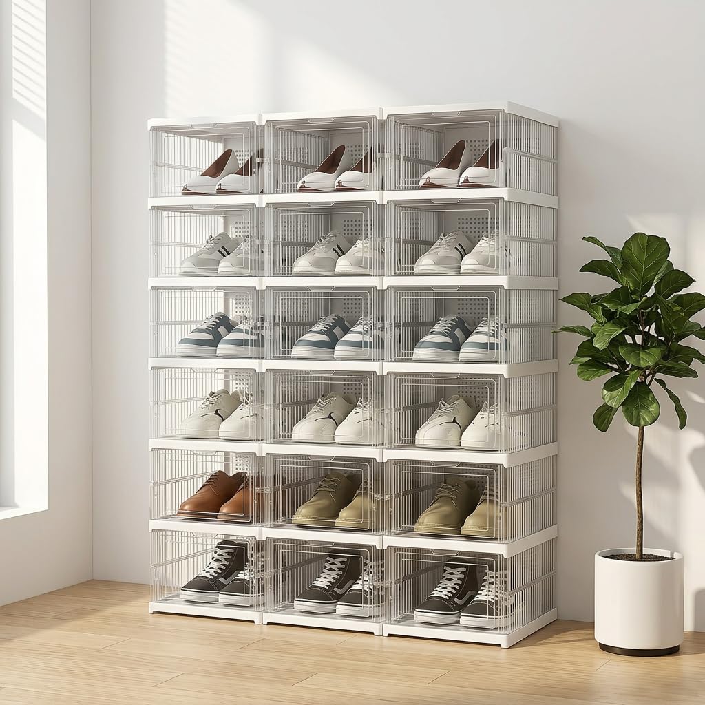 Schuhboxen Stapelbar, 18 Ebenen, Transparent, Faltbar, Dickem Kunststoff, für Sneaker bis Größe 46, Platzsparend, 1-Min Montage, Weiß