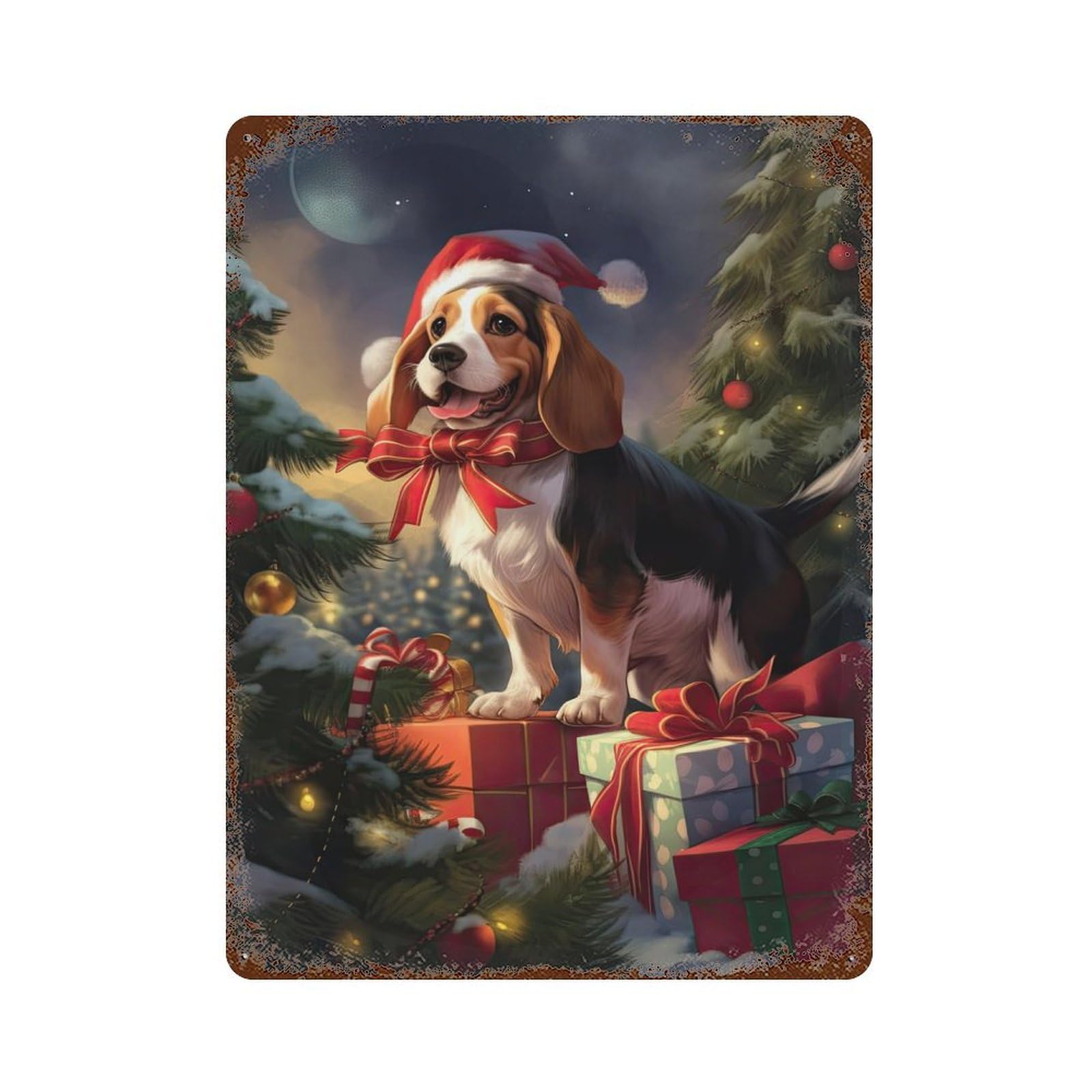 Beagle Christmas Vintage Rust Metal Sign 15.7"x11.8", Classic Wall Plaque for Basement, Hobby Room And Garage Decor