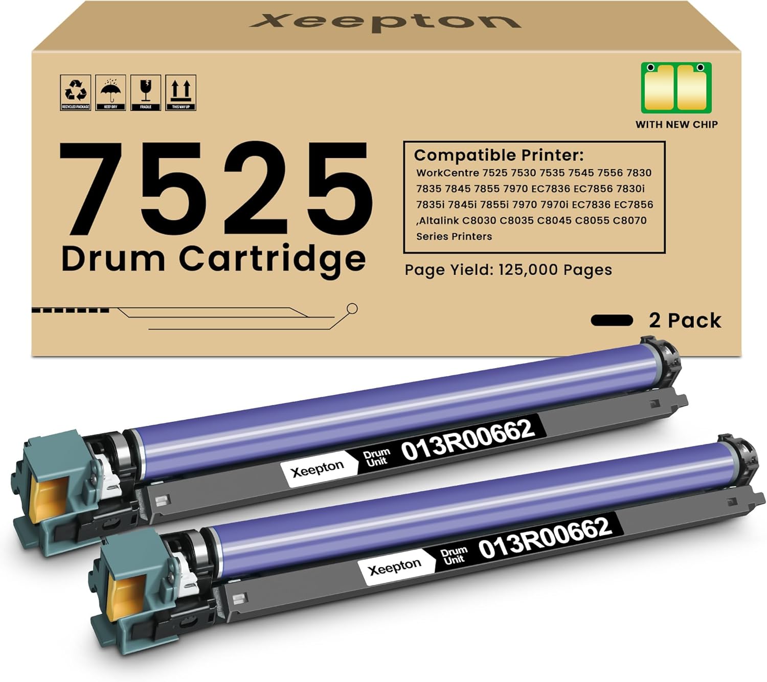013R00662 Drum Cartridge (With Chip) Replacement for Xerox 7525 Drum Cartridge for WorkCentre 7525 7530 7535 7545 7556 7830 7835 7845 7855 7970 Altalink C8030 C8035 C8045 C8055 C8070 Printer, 2-Pack