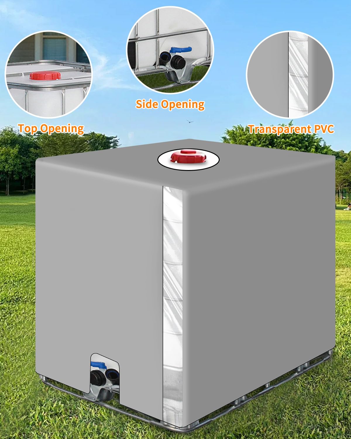 IBC Tank Abdeckung 1000L, IBC Container Zubehör, Wassertank Abdeckplane mit Transparenter Folie, Anti-UV Schutzplane Regenwassertank Abdeckung, IBC Wassertank Abdeckung, Grau