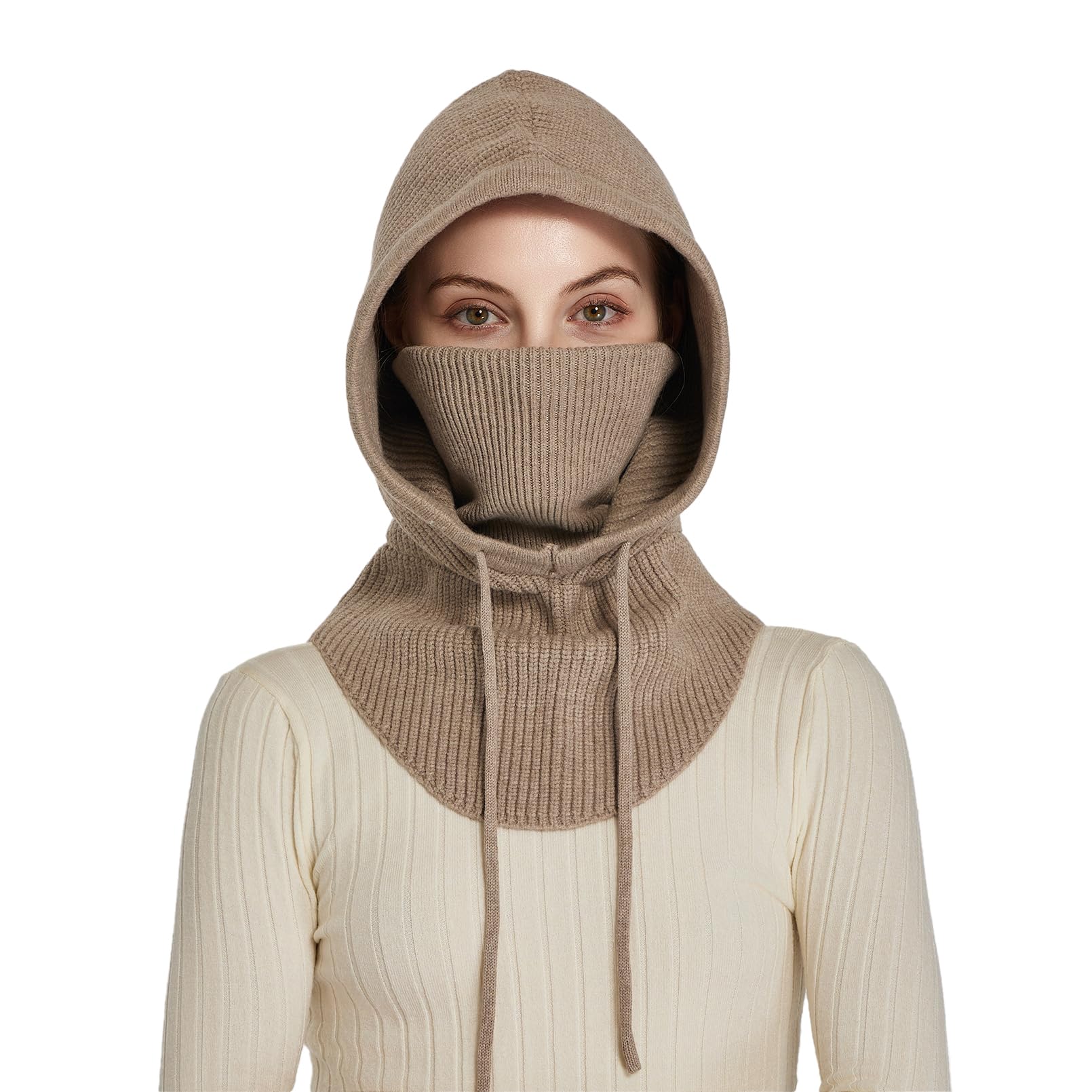 Facecozy Sturmhaube aus Strick für Damen Herren Wintermütze mit Gesichtsmaske Atmungsabweisende Ski-Maske Halstuch Mütze Damen Winter (Camel)