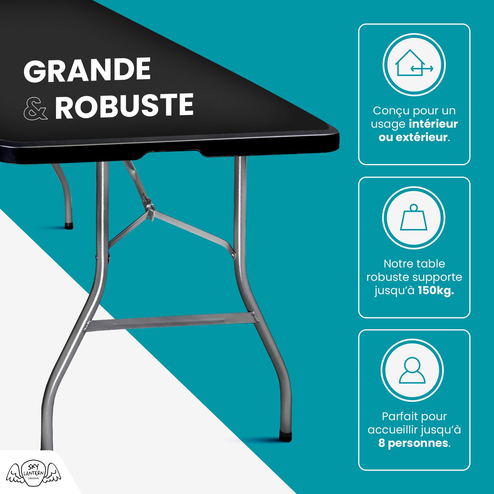SKYLANTERN Lot de 10 Table Pliante de Jardin 180 cm Rectangulaire Noire - Table de Camping 8 Personnes L180 x l74 x H74cm en HDPE Haute Densité Épaisseur 3,5 cm - Pieds en Acier Pelliculé Gris