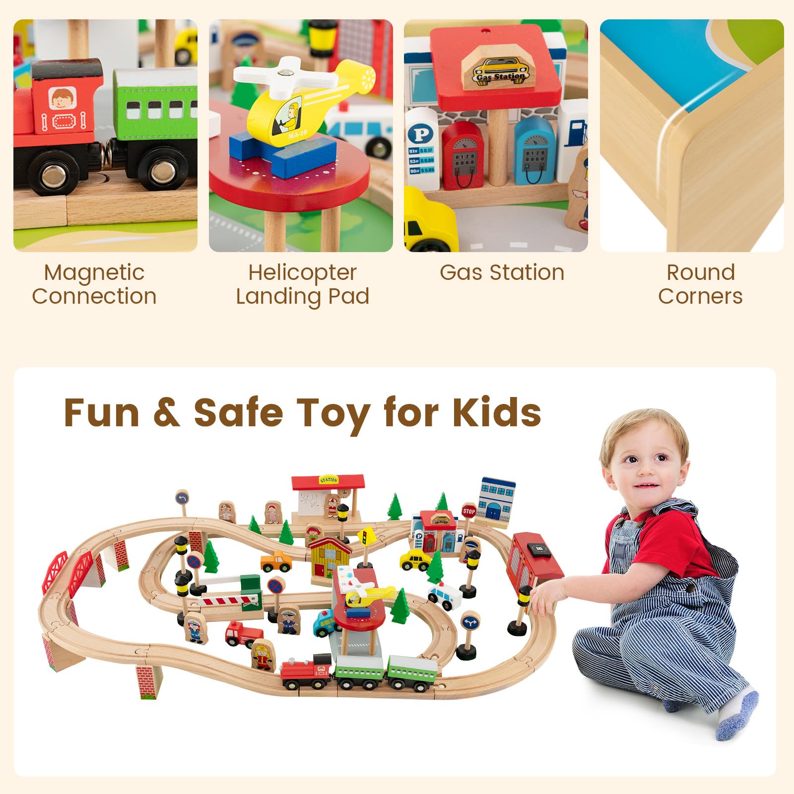 FANTASK 84-teiliges Spieltisch Holz, Kinder Eisenbahn Set mit umkehrbarer & abnembarer Tischplatte und Schublade, Aktivitätstisch zum Spielen, Malen, Lesen, Essen, Spielzeug für Kinder ab 3 Jahren