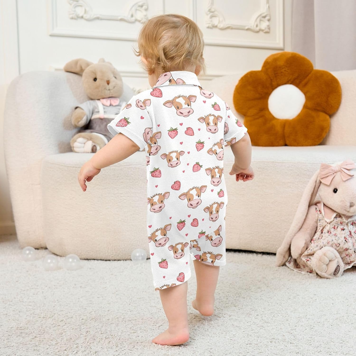 vvfelixl Baby Polo Bodysuit Face Cow Pink Strawberry Short Sleeve Collared Baby Clothes,Babys Polo Romper for 3-6 Months