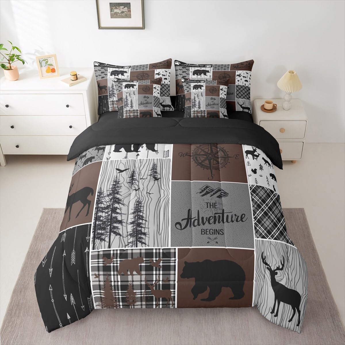 Erosebridal Rustic Farmhouse Comforter, Bear Deer Bed in A Bag Twin 7 Pieces Bedding - 1 Camper Adventure Comforter, 1 Country Fitted Sheet, 1 Flat Sheet, 2 Pillow Cases, 2 Throw Pillow Covers