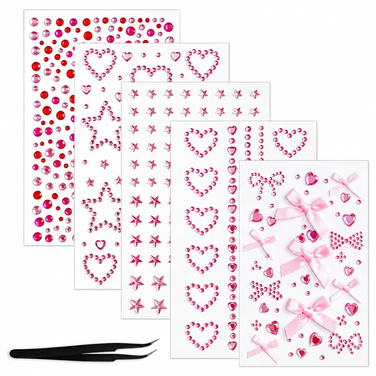 BendJoy® 5 Sheet Rhinestone Stickers, Pink Self-Adhesive Face Stickers for Women with Tweezer for Hair Eye & Nail Art, Concert & Festival Makeup | Multi-Use-image-9