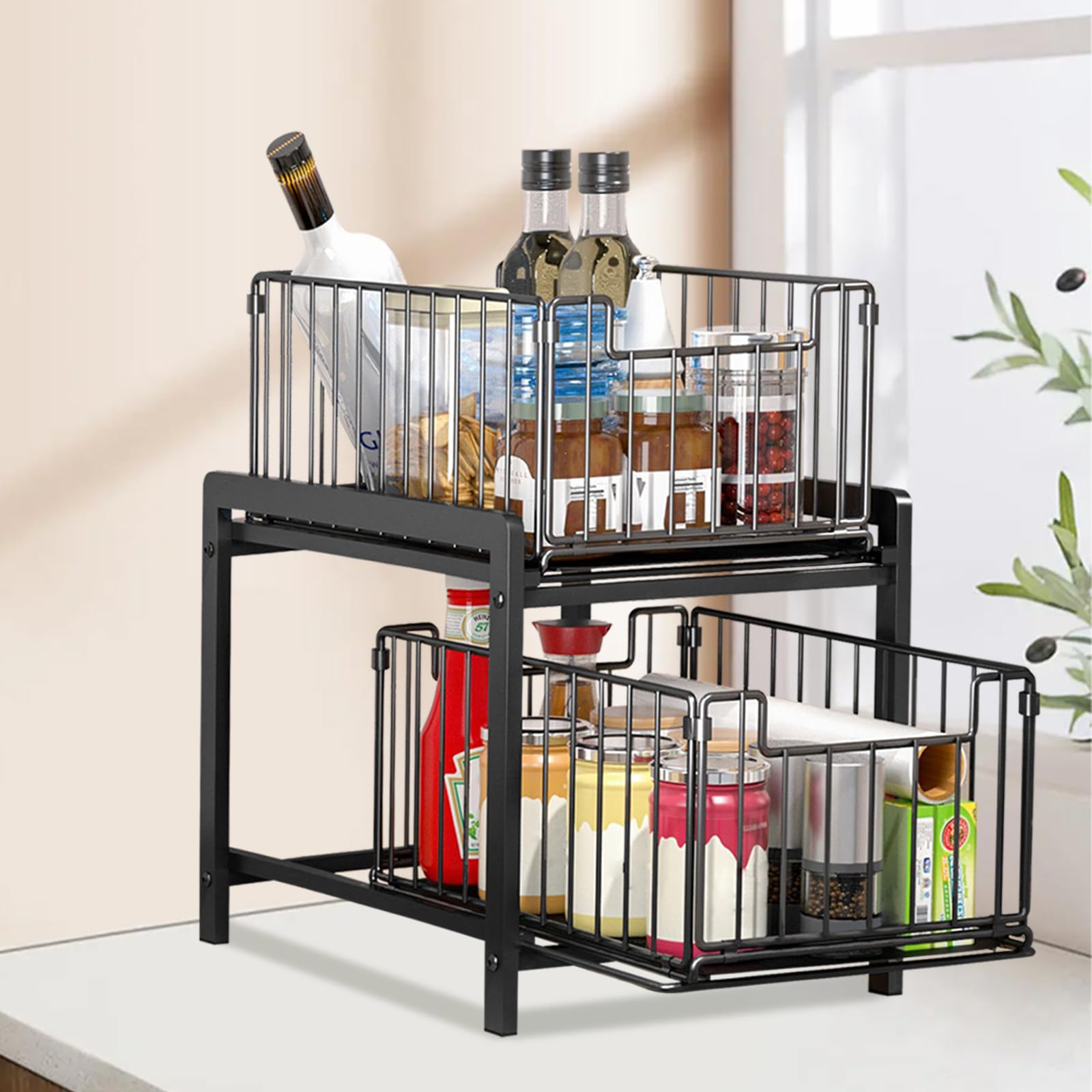 HUOLE Rangement sous Evier, Organisateur D'Armoires De Cuisine pour Armoires de Cuisine, Bac Coulissant Placard Cuisine, Organisateur de Tiroirs,26 x 37 x 38,5 cm (Noir)