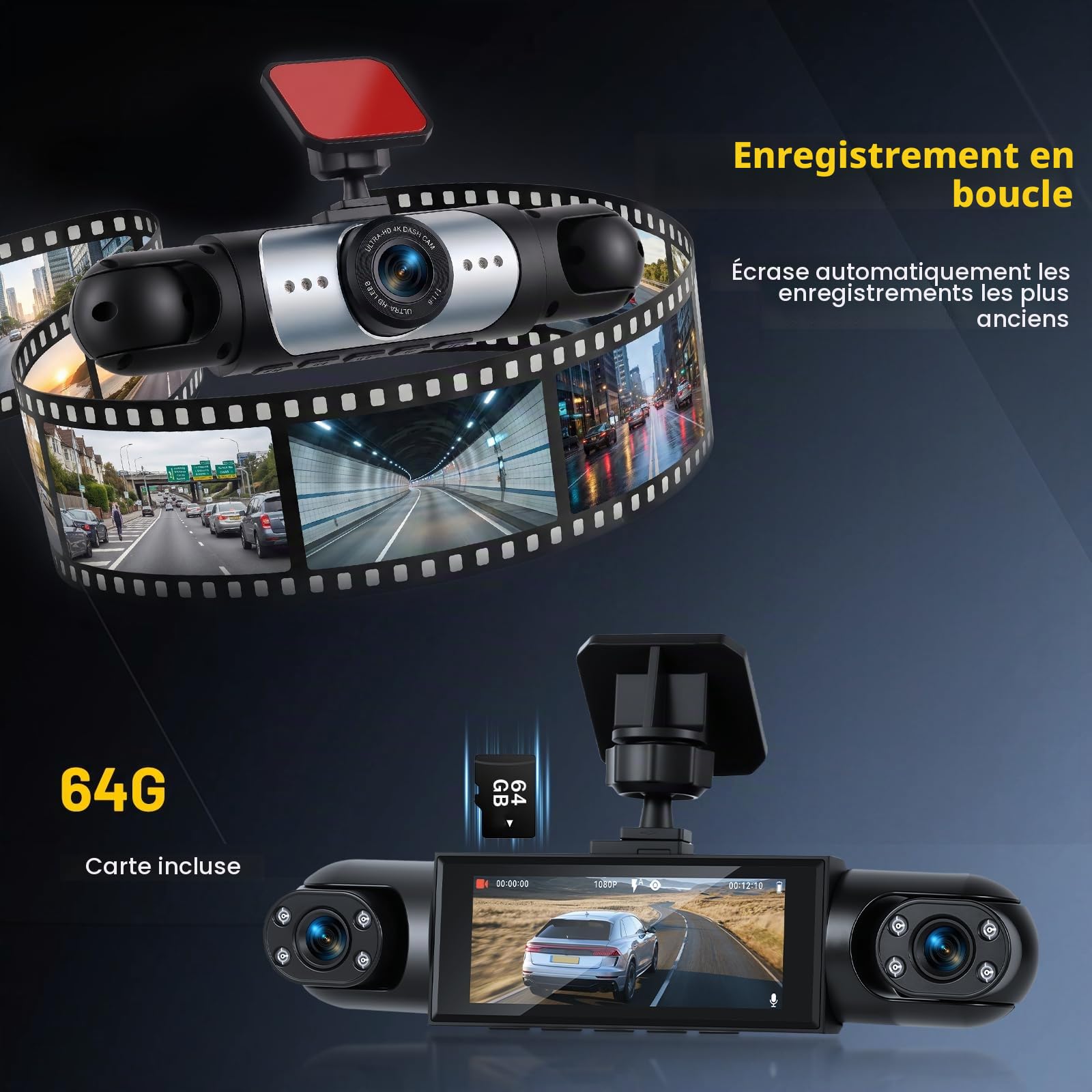 Hikity Caméra de Tableau de Bord pour Tous Les véhicules 4 caméras Écran IPS 3,16" Vision Nocturne 1080P Caméra embarquée Enregistrement en Boucle Enregistreur vidéo Grand Angle