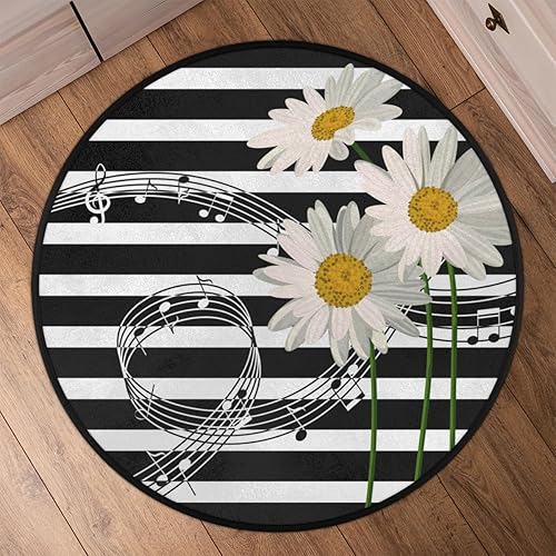 Miniatura 6 de Alfombra redonda de 3 pies con diseño de margaritas y notas musicales con fondo circular, lavable, antideslizante, alfombra circular para sala de