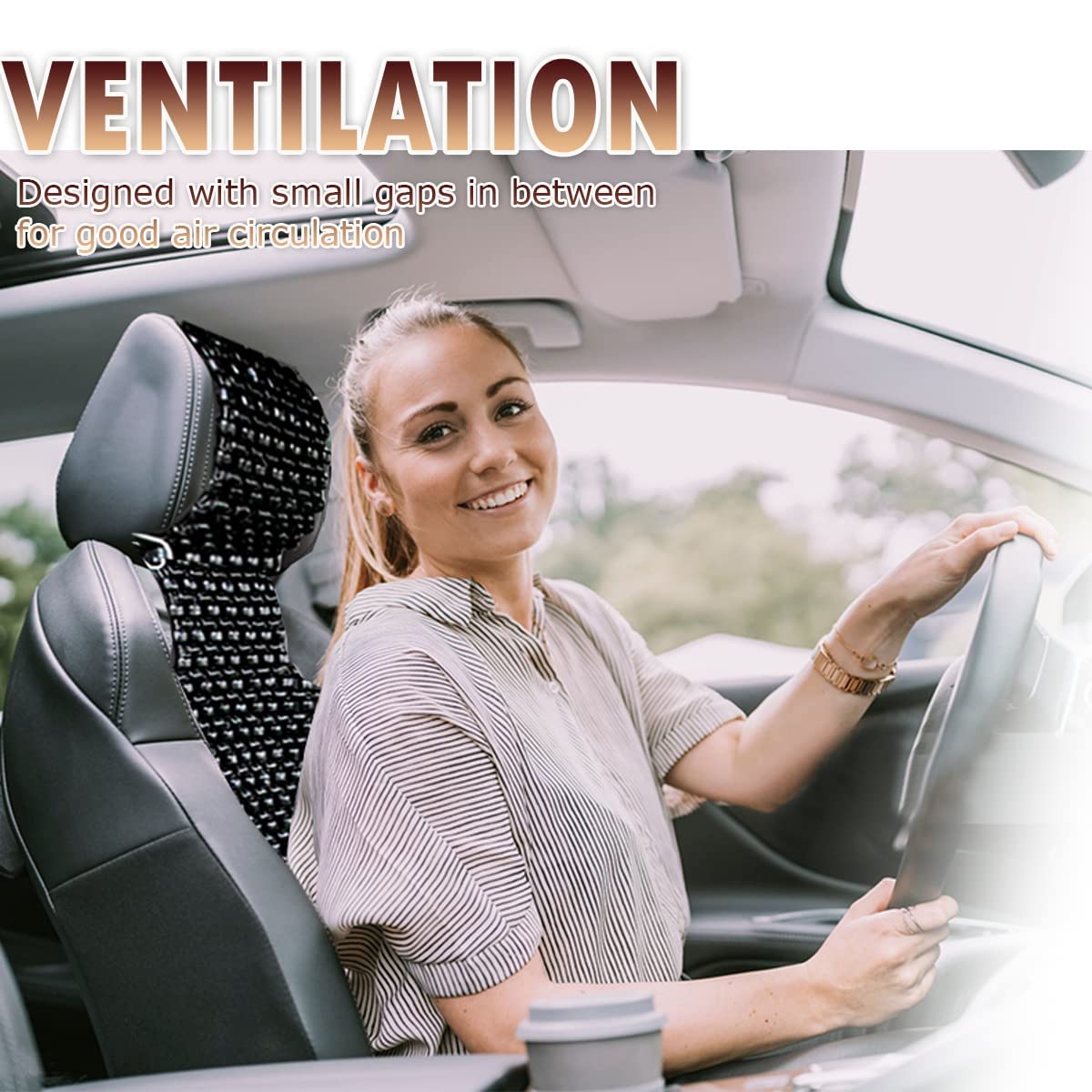VaygWay Cuscino per sedile con perline in legno naturale durevole e doppio cordino, cuscino di supporto massaggiante ventilato per auto (confezione da 2 nero)