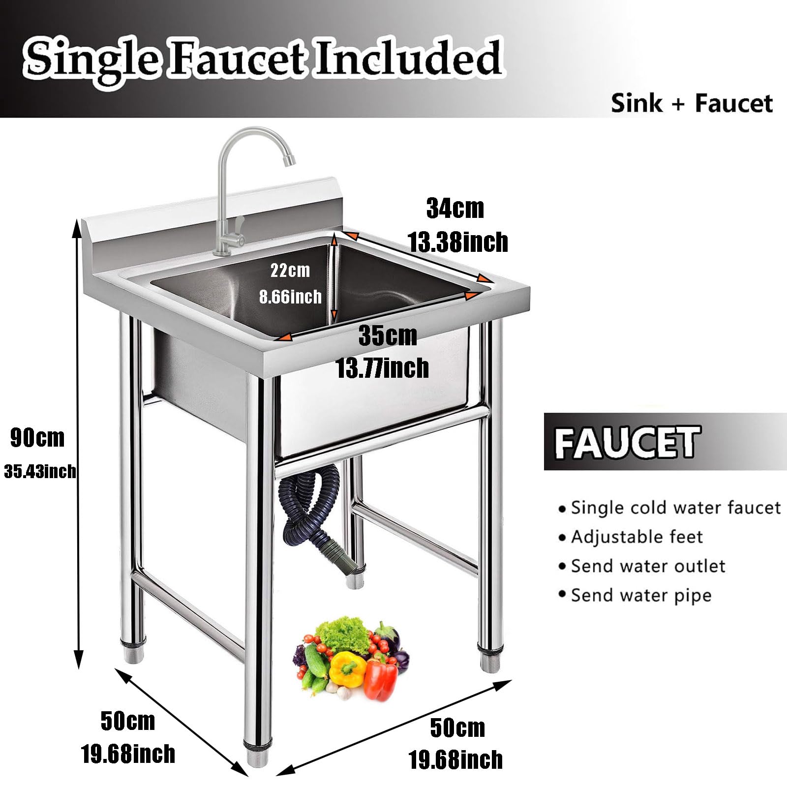 Lavello in Acciaio Inox Autoportante 1 Vasca, Lavandino Commerciale con Rubinetto Lavello da Cucina Professionale per Cucina, Ristorante, Bar, Caffè, Garage, Interno e Esterno,50×50×80 cm