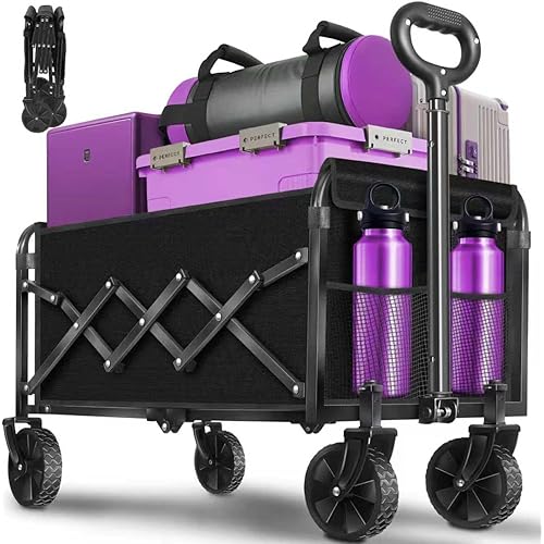 Wagons Carts Foldable,360 LBS Large Capacity Foldable Wagon Cart Collapsible Wagon with Wheels & Drink Holders,Utility Folding Cart for Camping Garden Beach Picinic Grocery Outdoor Shopping(Black)