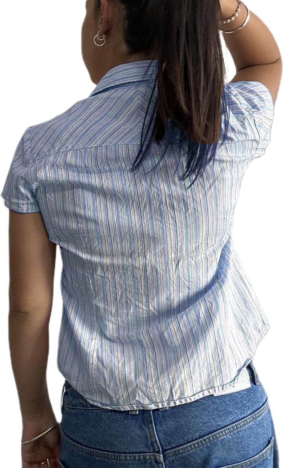 Women Fashion Striped Button Up Shirt Summer Casual Shot-Sleeve Blouse Tops Y2K Shirt Streetwear - Image 2