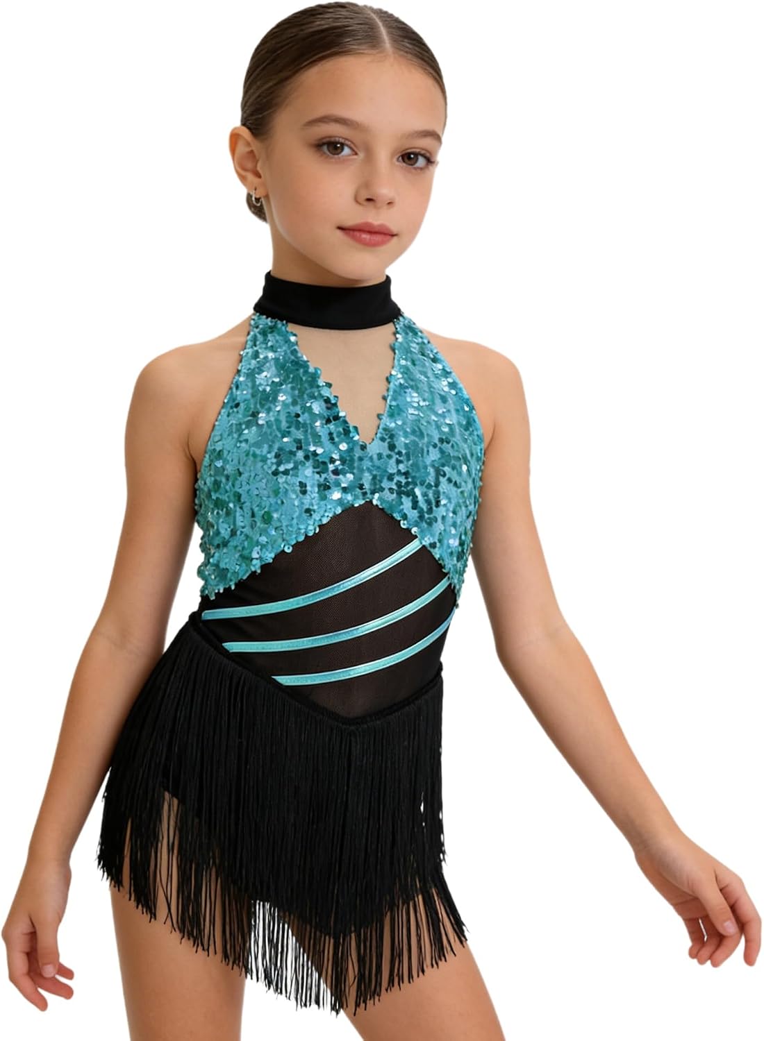 Kids Girls Sequin Latin Dance Dress Fringe Bodysuit Metallic Ballroom Cha Cha Rumba Salsa Tassel Dress