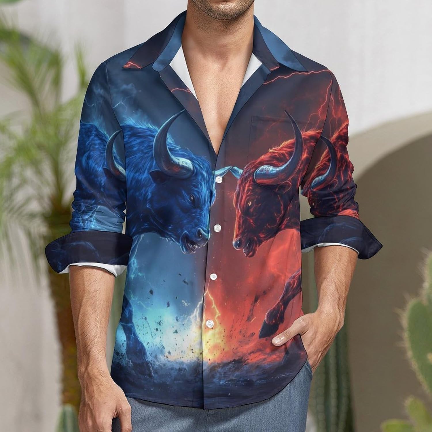 Ice Fire Cow Long Sleeve Shirts Casual Dress Shirt Button-down T-shirts for Men