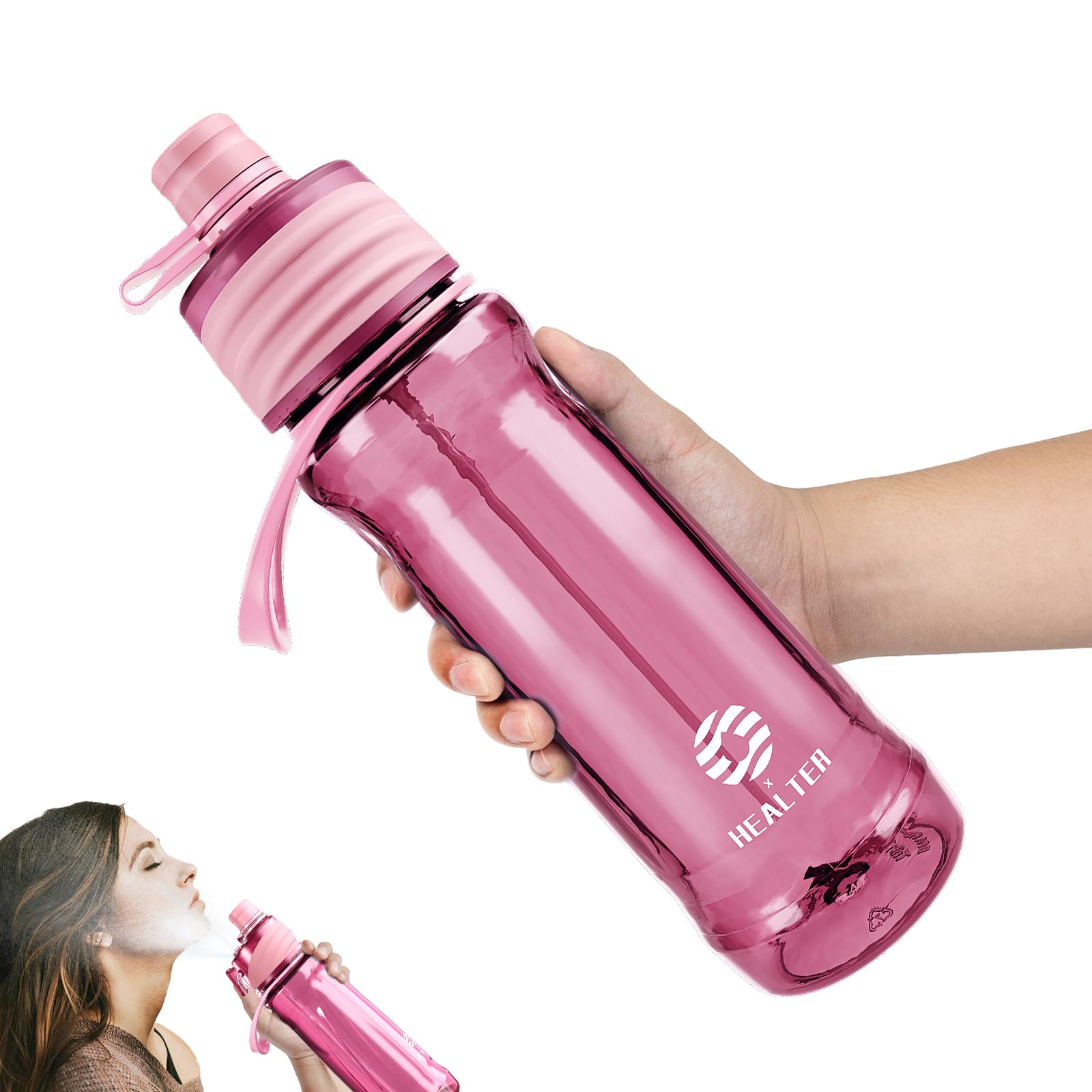 Healter 950ml Spray Water Bottles for Kids Water Bottle with Spray Mist Leakproof Misting Drinking Bottle for Cycling Hiking Climbing Outdoor Sport Hydration Cooling(Pink)