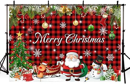 Miniatura 4 de AIBIIN Telón de fondo de Navidad a cuadros de búfalo de 7 x 5 pies, decoración de fiesta de Feliz Navidad, árbol de Navidad, rojo y negro, a