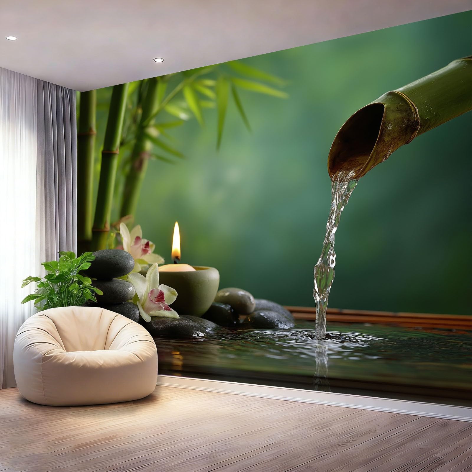 Panorama Carta da Parati Murale 350 x 256 cm, Stile Zen Foresta Di Bambù Orchidea Pietra Carta da Parati Fotografica Colorato Murale Adesivo da Parete Poster Effetto 3D Decorazione Soggiorno