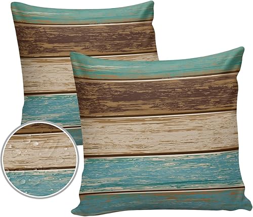 Juego de 2 fundas de cojín para exteriores de 18 x 18 pulgadas, impermeables, color verde azulado, turquesa, verde, marrón, decorativas con