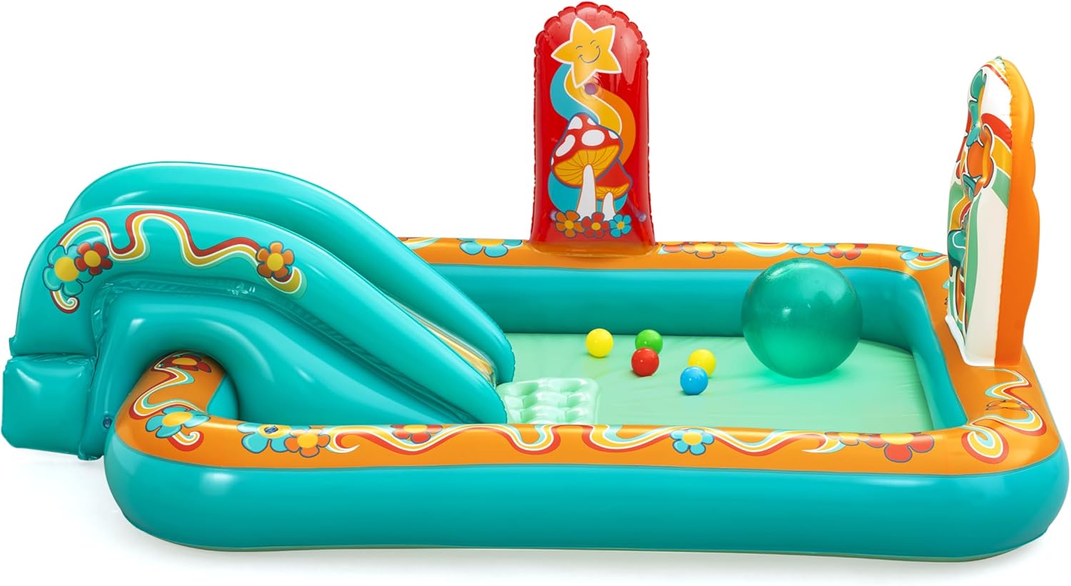 Bestway Retro World Water Play Centre 193 x 152 x 74 cm Ages 2+ with Water Sprinkler, Slide, Play Wall, Water Polo, 5 Play Balls, PVC, Retro Design