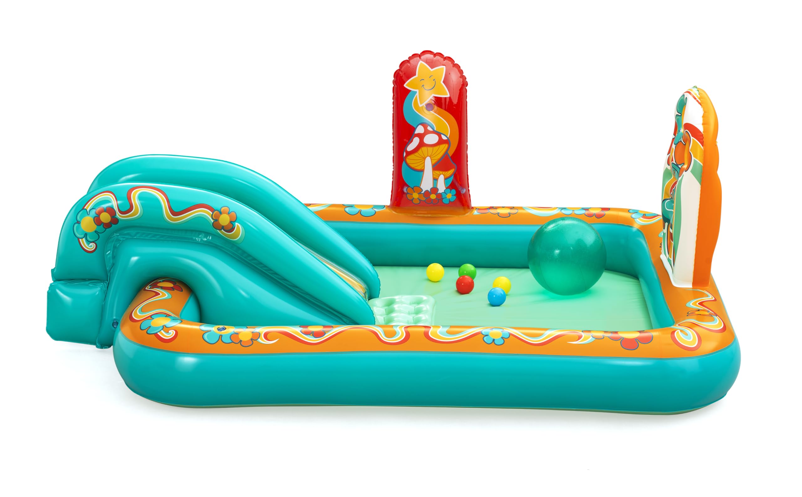 Bestway Wasserspielcenter Retro-Welt, 193 x 152 x 74 cm, ab 2 Jahren, mit Wassersprinkler, Rutsche, Spielwand, Wasserball, 5 Spielbälle, PVC, Retro-Design