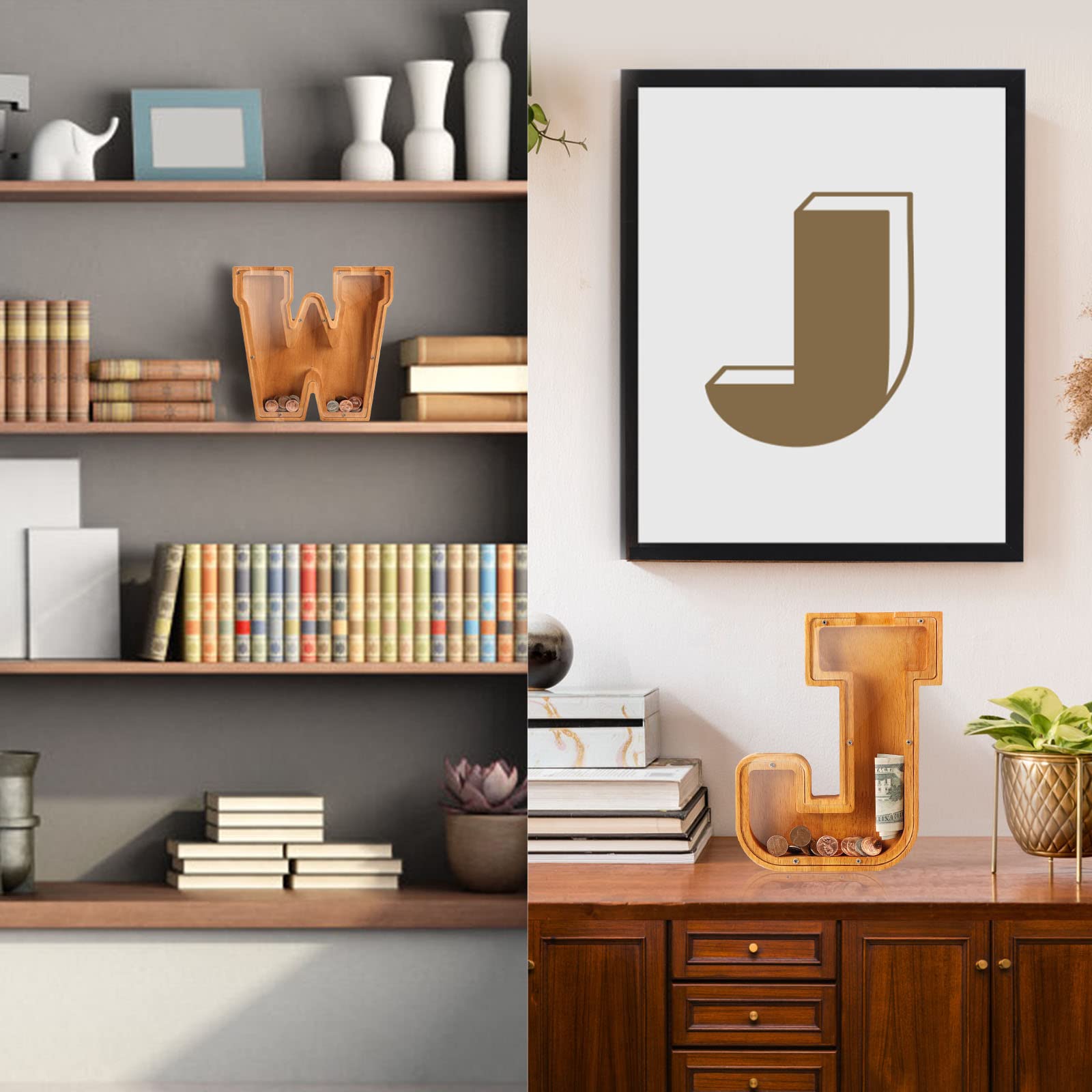 Wooden Letter Piggy Bank for Kids Boys Girls Large 26 Alphabet Money Bank Personalized Custom Name Transparent Saving Coin Bank, Perfect Christmas,Birthday Gift for kids Adults and Home Decoration (K)