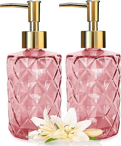 Miniatura 24 de 2 dispensadores de jabón de vidrio transparente con bomba, dispensador de jabón recargable de 11 oz con diseño de diamante para lavado de manos,