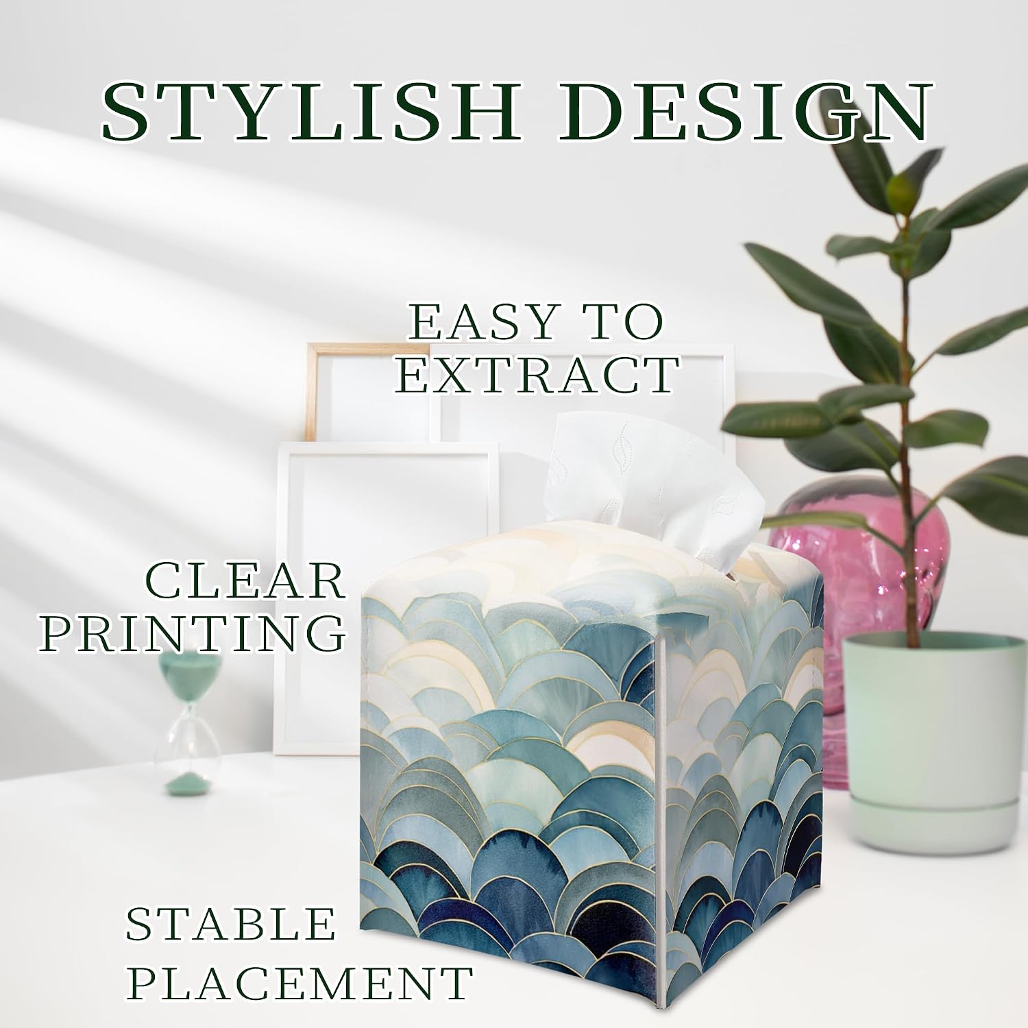 Abstract Ocean Waves Tissue Box Holder, Ocean Waves with Sunlight Leather Tissue Box Cover Square, Paper Napkins Everyday Dispenser for Bathroom Night Stands Kitchen Office Car Home Decor