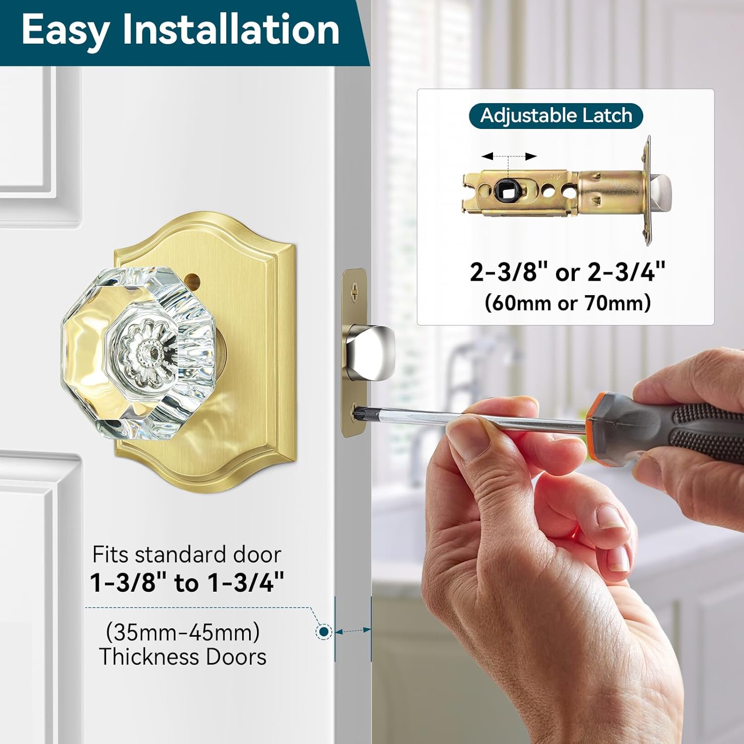 5 Pack Gold Glass Door Knobs, Octagon Crystal Door Knobs Interior with Lock, Satin Brass Glass Doorknobs for Bedroom Bathroom, Antique Crystal Door Knob Set