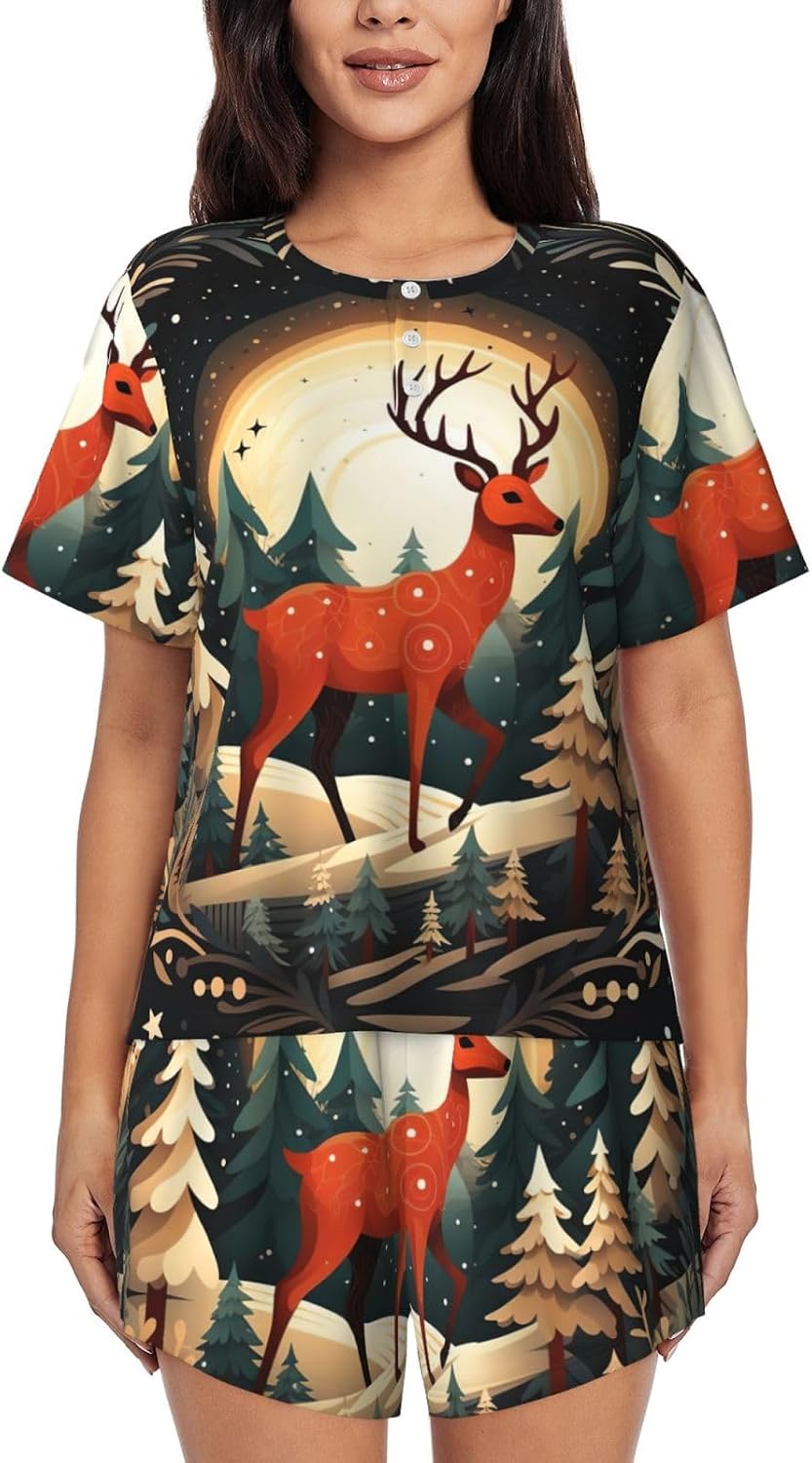 Merry Christmas Deer print Pajama Sets Short Sleeve Sleepwear Top and Pants Floral Printed Lounge Sets with Pockets
