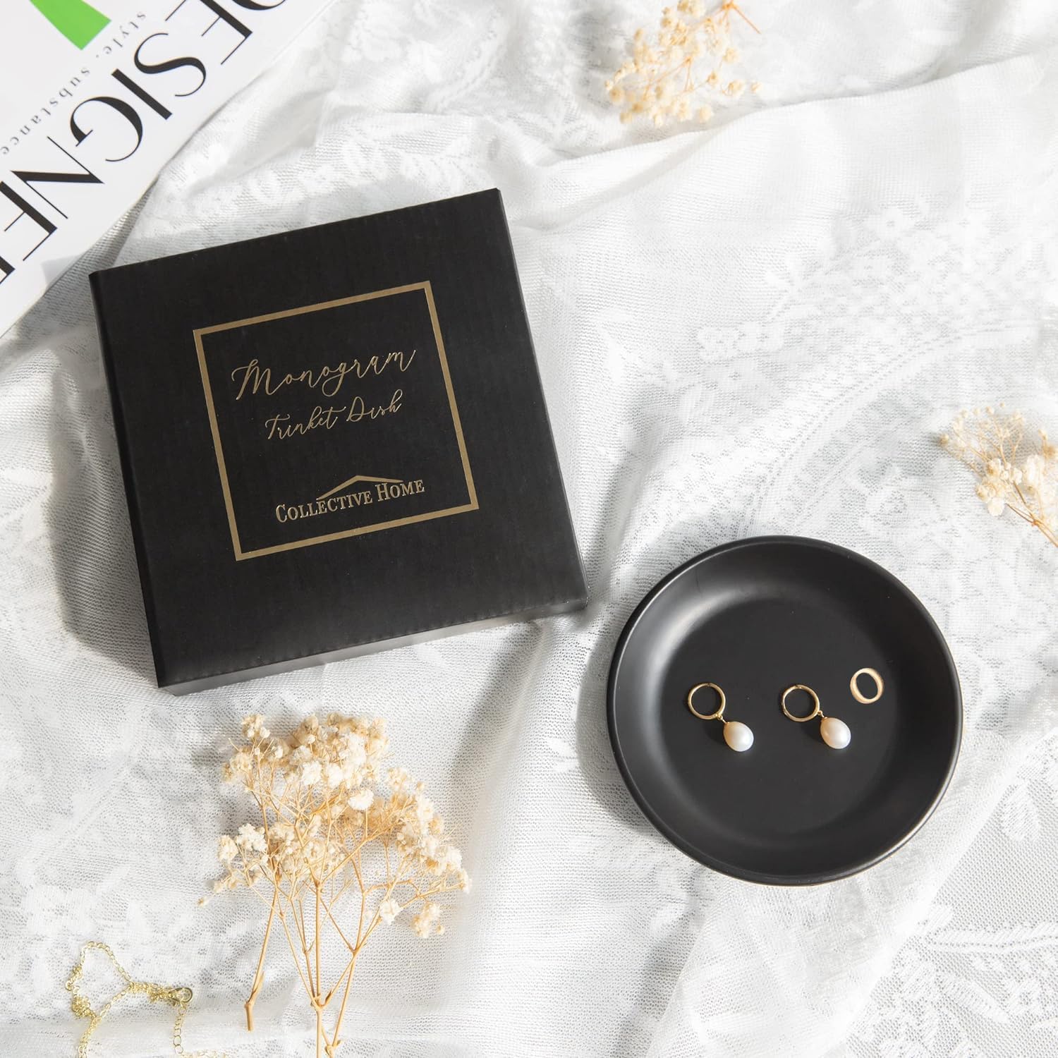 COLLECTIVE HOME - Ceramic Jewelry Tray, Decorative Trinket Dish for Rings Earrings Necklaces Bracelet Watch Keys, Birthday Mother's Day Christmas Gift for Women, 4.75", Black Surface (o) image 4