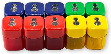 Mobius + Ruppert 0924 Quattro Swing Double-Hole Sharpeners, Assorted Colors; 10 Sharpeners per Box; Suitable for Pencils up to 8.2 mm Maximum Diameter; Transparent Recovery Bin