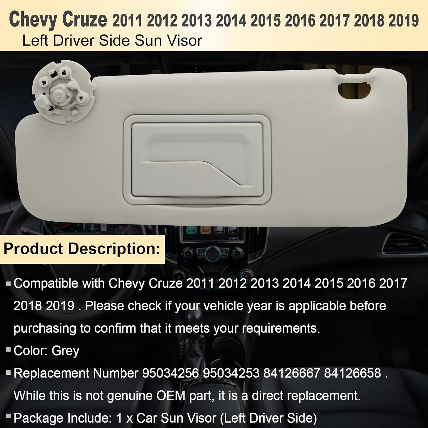 NHILES Left Driver Sun Visor Compatible with Chevy Cruze 2011-2019 Sun Visor Replacement Number 95034256 95034253 84126667 84126658 Color: Grey