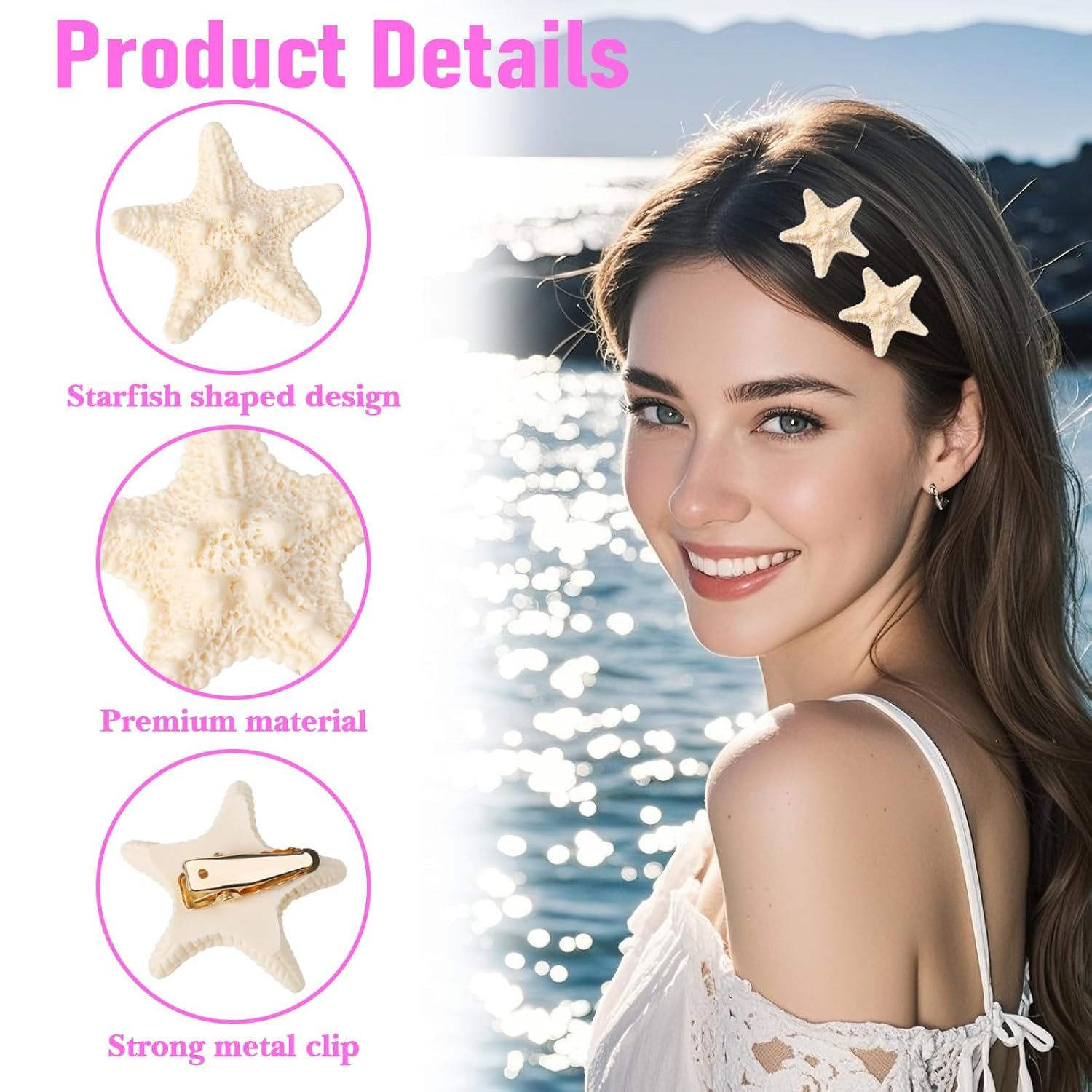 10pcs Starfish Hair Clip, Starfish Mermaid Hair Accessories, Beach Shell Hairs Clips for Women and Girls Beach-Themed Party Christmas Decoration Gifts - Image 3