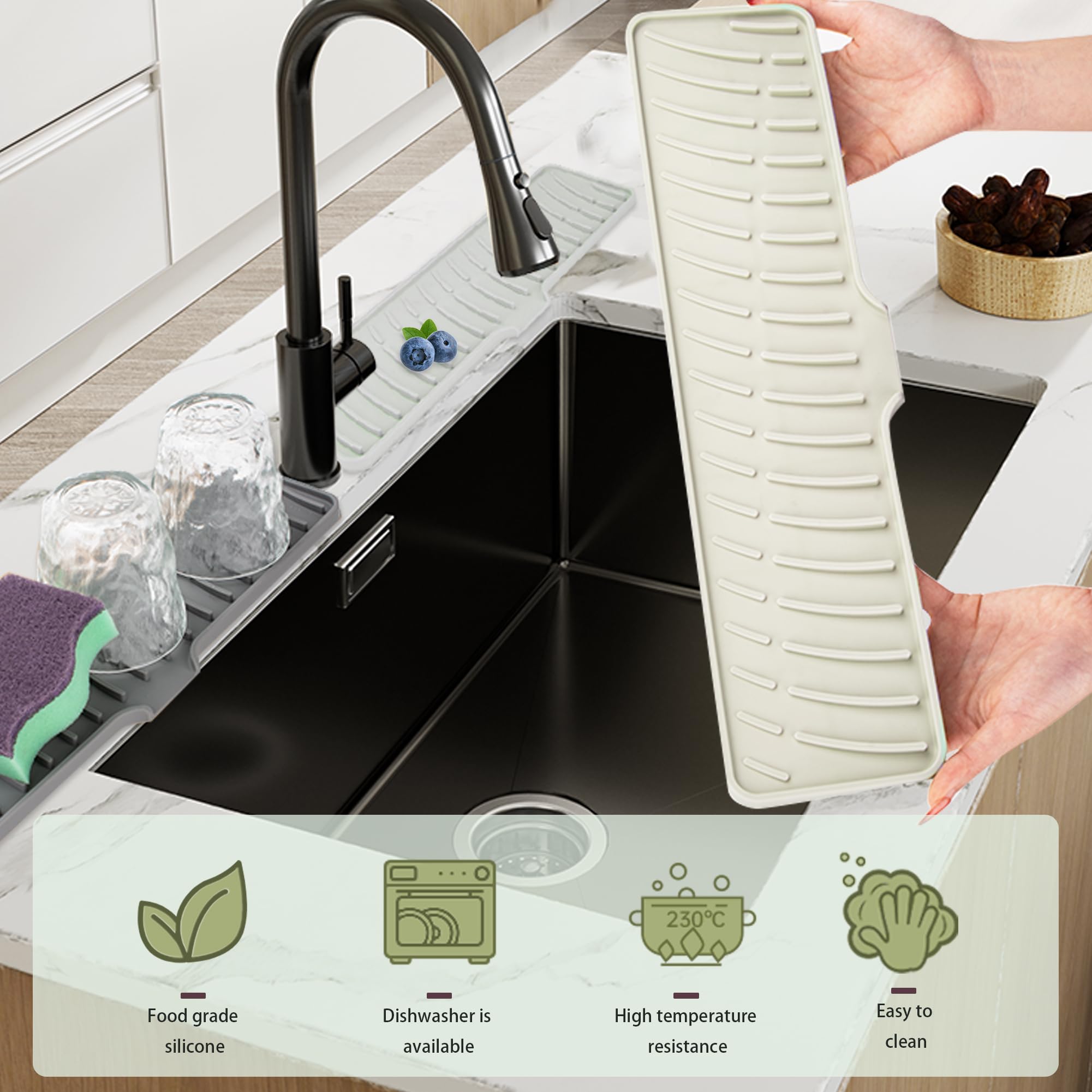 Volminex Silicone Faucet Mat for Sink Narrow Kitchen Sink Splash Guard, Faucet Handle Drip Catcher Tray - Image 3