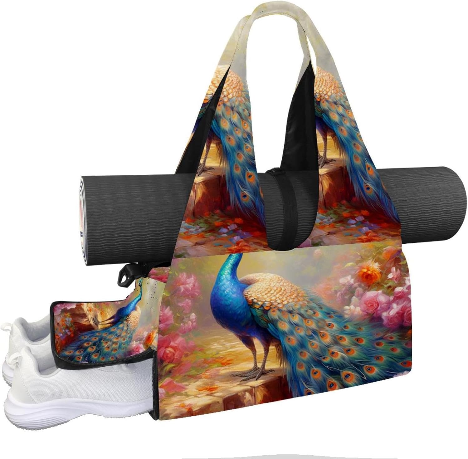 Gym Bag for Women, Peacock Feather Yoga Mat Bag with Shoe Compartment, Sport Yoga Gym Bag with Yoga Strap, Carryall Yoga Tote Bag