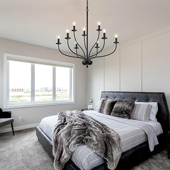 Black Chandelier, 9 Lights Chandeliers Ceiling Light Living Room Industrial Black Light Fitting Ceilings Pendant Light for Kitchen Dining Room Bedroom, E14 Socket