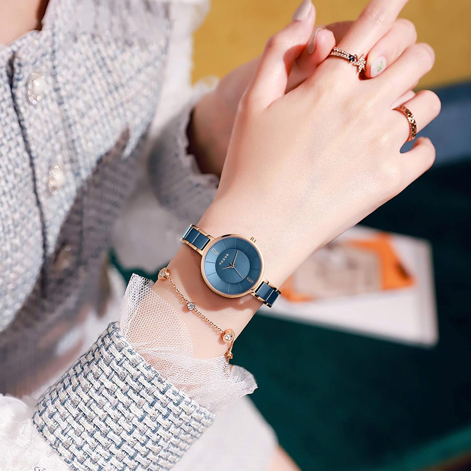 Women’s Ceramic Quartz Analog Watch, Blue Dial with Rose Gold Accent, Ultra-Thin Design, Butterfly Clasp, 30M Waterproof Watches for Women - Image 5