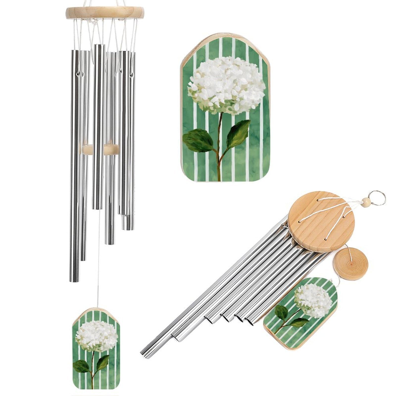 White Hydrangea on Sage Green Lines Wind Chimes Memorial Deep Tone Windchime with 6 Aluminum Tubes Outdoor Backyard Garden Decoration