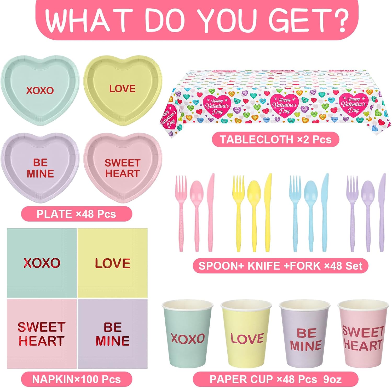342 Pcs Valentine's Party Supplies Conversation Heart Tableware Set Serve 48 Conversation Heart Plates Napkins Cups Forks Knives Spoons Tablecloth Valentines Party Decor Disposable Dinnerware