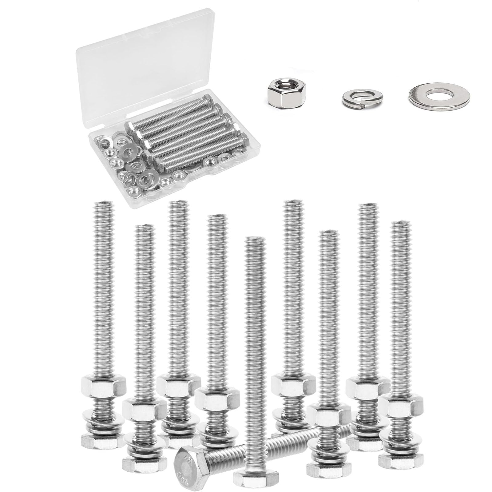 PISTISJACK 20 Sets Nuts and Bolts,M5 x 100mm 304 Stainless Steel Hex Head Screws Bolts,Flat & Lock Washers Assortment Kit, Fully Threaded, Bright Finish for Home, Carpenter, Machine