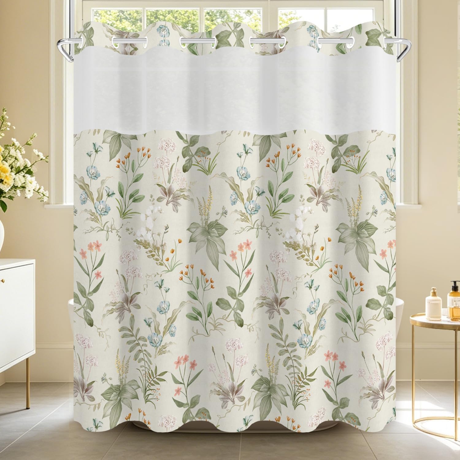 Green Vintage Floral No Hook Shower Curtain with Snap in Liner