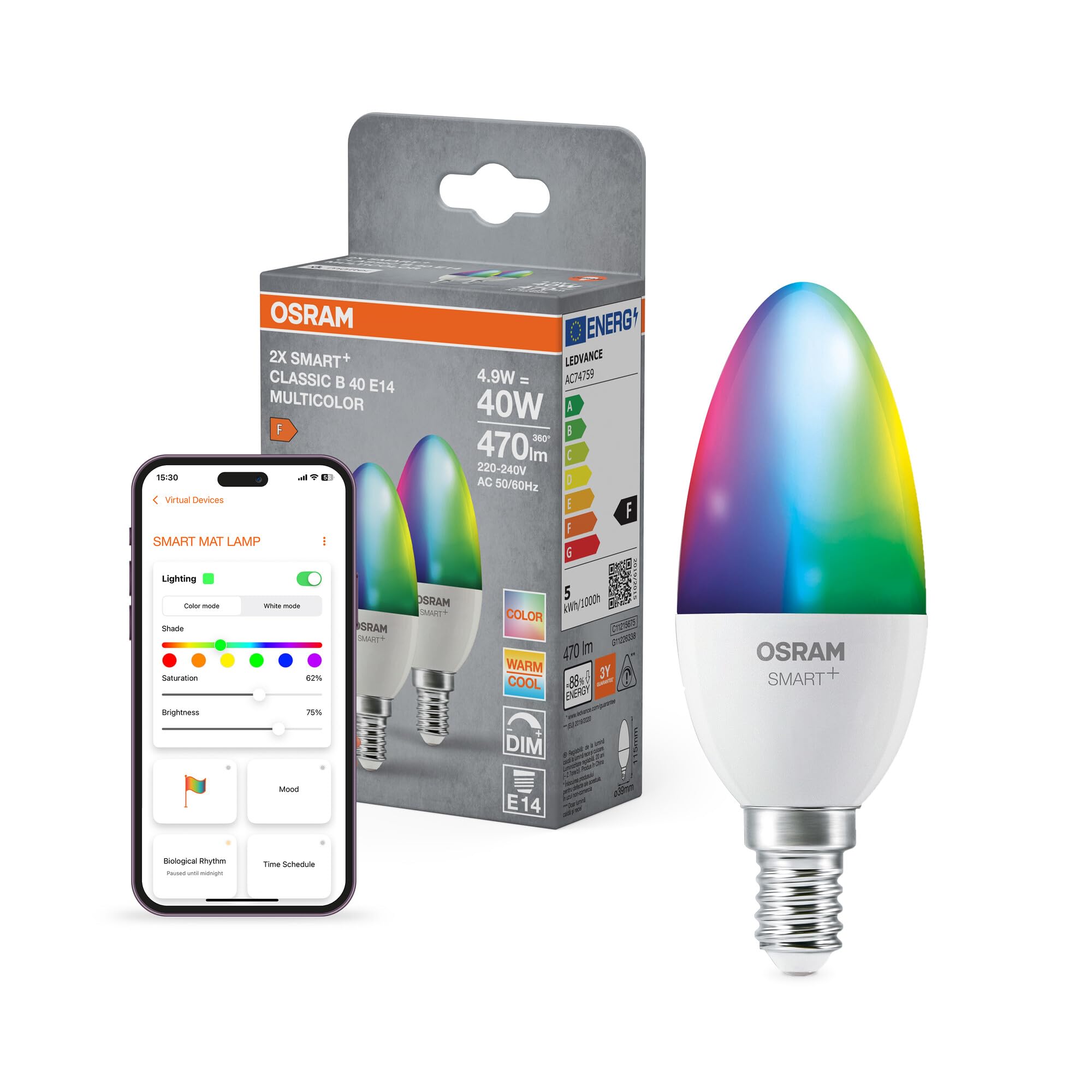 Osram SMART+ Kerze mit Matter over Wifi, Vorteilspack mit 2 Stück, E14-Sockel, 9W, 16 Mio RGB-Farben, warmweiß-tageslichtweiß (2700-6500K), funktioniert mit Alexa, Google und Apple, 2er-Pack