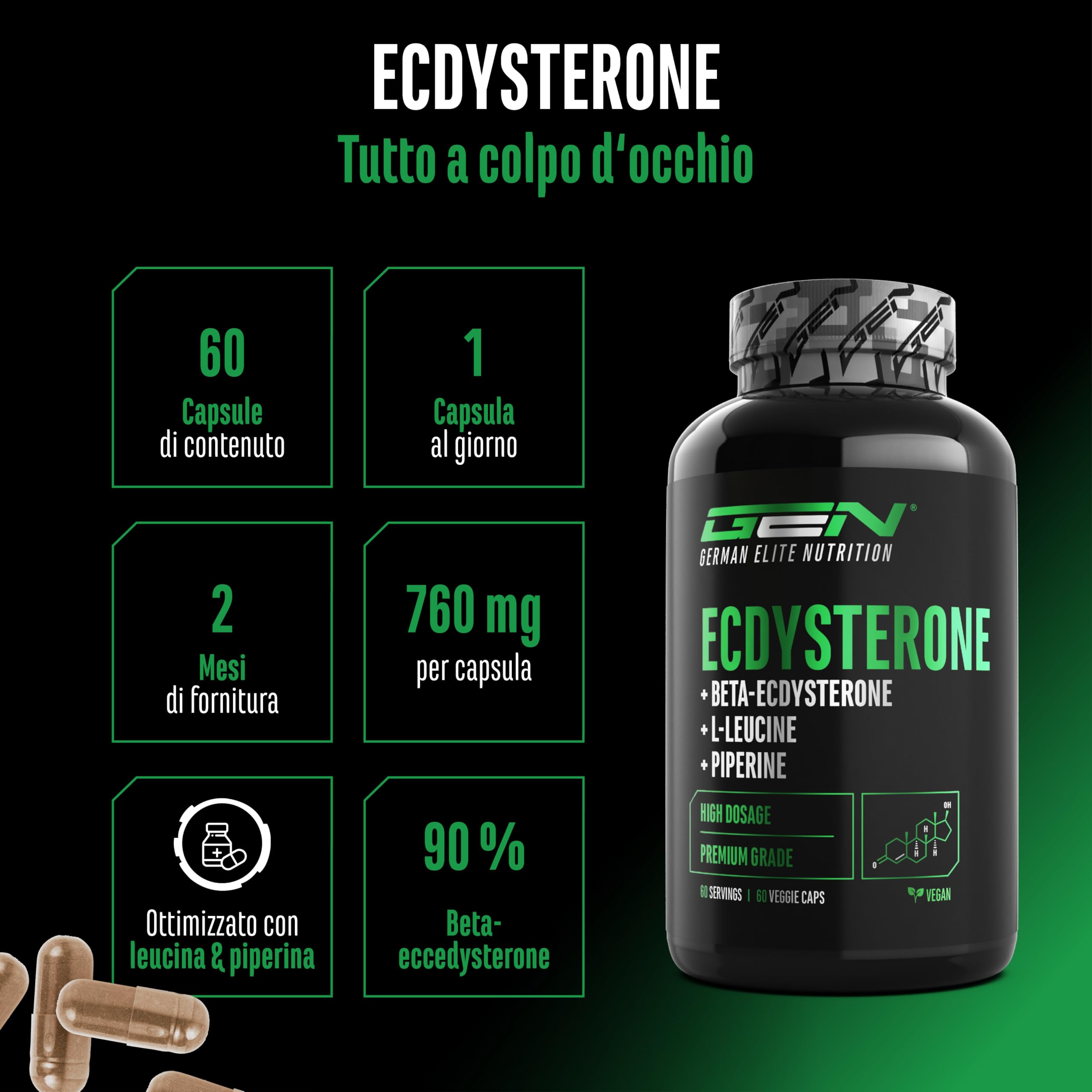 Complesso di ecdisterone - 760 mg per capsula – Con 90% beta-ecdisterone, L-leucina e piperina – Ad alto dosaggio & qualità premium - 60 capsule vegane